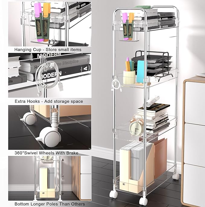 SPACEKEEPER Acrylic Rolling Storage Cart 4 Tier Clear Bathroom Cart Organizer, Transparency Rolling Utility Cart Laundry Room Organization Multifunction Mobile Shelving Unit for Office, Living Room - LeafyLoom