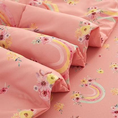 Mooreeke Twin Size Comforter Sets for Girls Kids, 6 Pieces Bed in a Bag Pink Rainbow Flowers Bedding Comforter Sheet Set with Shams and Decorative Toy Pillow, Ultral Soft Microfiber Kids Bed Set - LeafyLoom