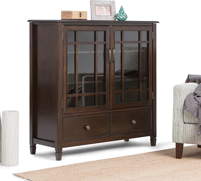 SIMPLIHOME Connaught SOLID WOOD 46 Inch Wide Traditional Tall Storage Cabinet in Dark Chestnut Brown, For the Living Room, Entryway and Family Room - LeafyLoom