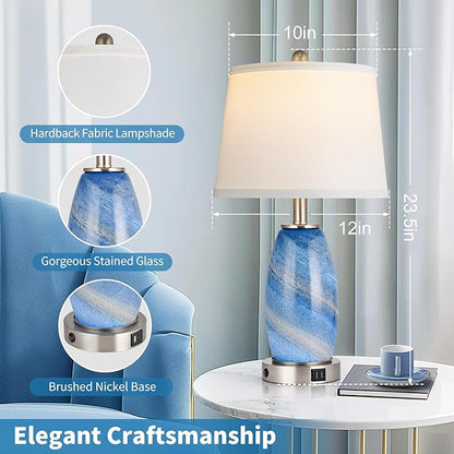 Table Lamps Set of 2, 3-Way Lighting Modes Modern Table Lamps for Bedroom, Blue Bedside Lamps with USB C+A, Glass Nightstand Lamps, 23.5" Table Lamps for Living Room Bedroom Decoration - LeafyLoom