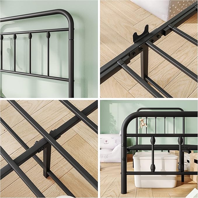 Vintage Twin Size Bed Frame with Headboard and Footboard Mattress Heavy Duty Metal Platform, Steel Slat Support (Twin, Black Sanded) - LeafyLoom