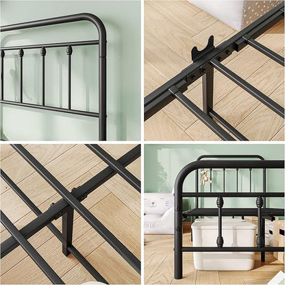 Vintage Twin Size Bed Frame with Headboard and Footboard Mattress Heavy Duty Metal Platform, Steel Slat Support (Twin, Black Sanded) - LeafyLoom