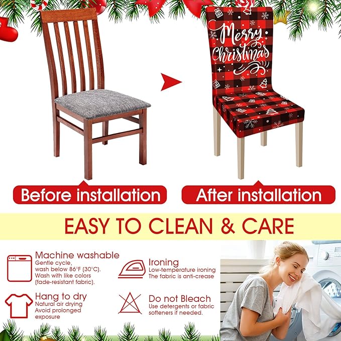 Ganeen 6 Pcs Christmas Chair Covers Merry Christmas Chair Back Cover Stretch Christmas Seat Cover Washable Xmas Dining Chair Protector Slipcover for Dining Room Kitchen Holiday Party(Plaid Style) Ganeen