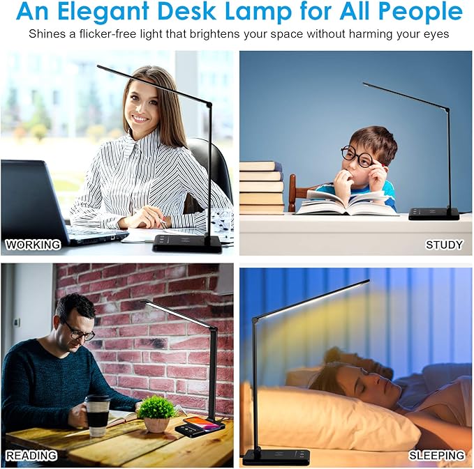 LED Desk Lamp with Wireless Charger, Dimmable Office Lamp with USB Charging Port, Eye- Caring Desk Lamps, Bright with 5 Lighting Modes, Touch Control Auto Timer - LeafyLoom