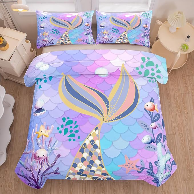 NINENINE Teal Purple Mermaid Comforter Set,Mermaid Tail Bedding Set,Twin Size Bedding Sets for Girls,Colorful Glitter Comforter Sets for Kids with 1 Comforter 1 Pillowcase… - LeafyLoom