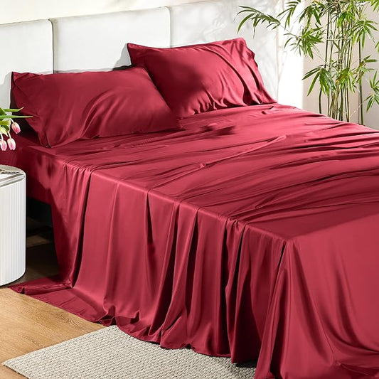 Bedsure Full Size Sheets, Cooling Sheets Full, Rayon Derived from Bamboo, Deep Pocket Up to 16", Breathable & Soft Bed Sheets, Hotel Luxury Silky Bedding Sheets & Pillowcases, Burgundy - LeafyLoom