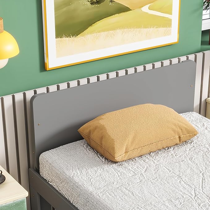 Twin Bed with Footboard Bench, Twin Kid Bed with Headboard, Wood Slat Support, Cute Kid Bed Frame with Book Storage Space, Twin Car Bed for Boys Girls Bedroom, No Box Spring Needed, Grey - LeafyLoom