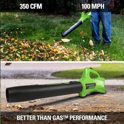 Greenworks 40V (100 MPH / 350 CFM) Cordless Axial Leaf Blower, 2.0Ah Battery and Charger Included - LeafyLoom