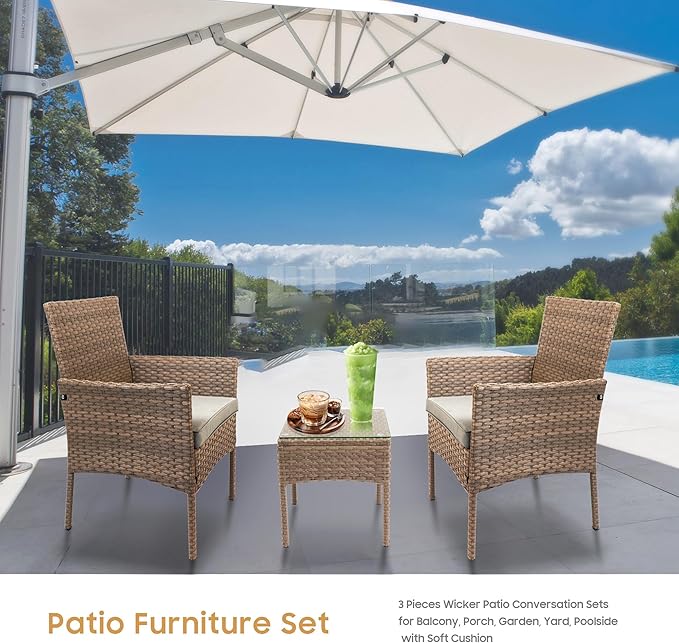 YIYAN 3 Pieces Patio Bistro Set Outdoor Wicker Furniture Outdoor Porch PE Rattan Wicker Chairs Furniture Sets with Sofa Chairs,Glass Coffee Table and Gray Washable Cushion - LeafyLoom