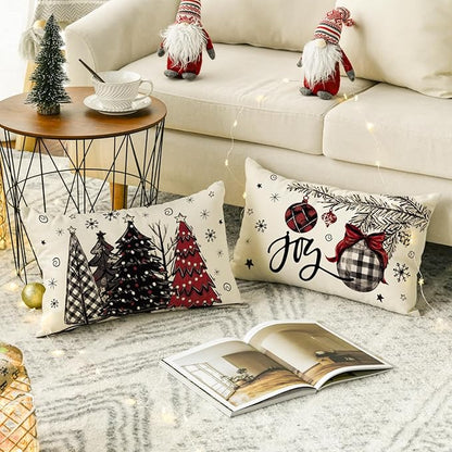 AVOIN colorlife Merry Christmas Joy Xmas Trees Red Throw Pillow Covers, 12 x 20 Inch Christmas Winter Holiday Cushion Case Decoration for Sofa Couch Set of 4 AVOINcolorlife