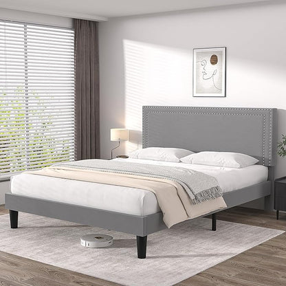 VECELO Full Size Platform Bed Frame with Adjustable Upholstered Headboard, Modern Mattress Foundation,Strong Wood Slat Support, No Box Spring Needed, Easy Assembly - LeafyLoom