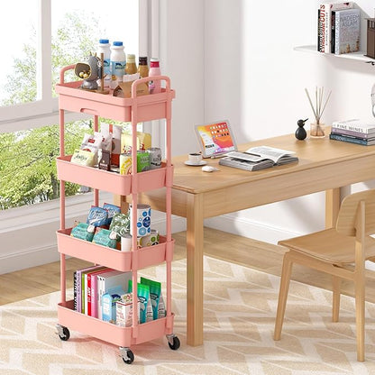 4-Tier Rolling Cart，Trolley with Drawer, Kitchen Storage Organizer with Plastic Shelf & Metal Wheels, Storage Cart for Living Room, Kitchen, Office, Bathroom, Pink - LeafyLoom