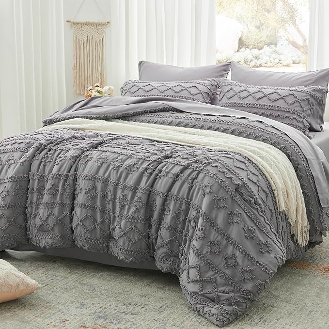 Anluoer Full Comforter Set 7 Pieces, Grey Tufted Bed in a Bag with comforters and sheets, All Season Bedding Sets with 1 Comforter, 2 PillowShams, 2 Pillowcases, 1 Flat Sheet, 1 Fitted Sheet - LeafyLoom