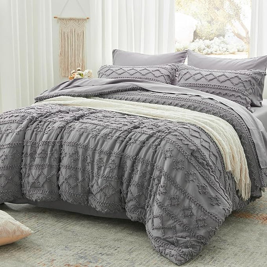 Anluoer Full Comforter Set 7 Pieces, Grey Tufted Bed in a Bag with comforters and sheets, All Season Bedding Sets with 1 Comforter, 2 PillowShams, 2 Pillowcases, 1 Flat Sheet, 1 Fitted Sheet - LeafyLoom