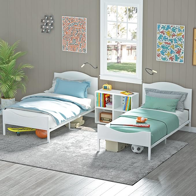 Timy Kids Twin Bed Frame with Wooden Headboard and Footboard, Metal Platform Bed Frame for Boys Girls Teens Adults, Modern Kids Bed Furniture, No Box Spring Needed, White - LeafyLoom