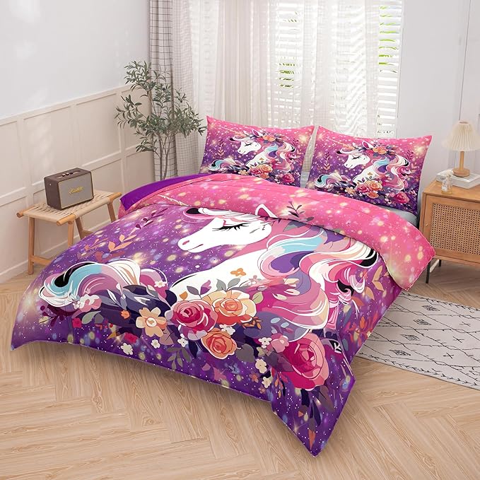 Tailor Shop Unicorn Kids Bedding Set for Girls Pink Purple Flower Unicorn Comforter Set King Galaxy Bedding Sets All Season with 2 Pillowcase…… - LeafyLoom