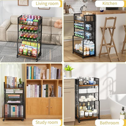 4-Tier Rolling Storage Cart Organizer with 2 Mesh Sliding Trays, Can,Drink,Snack Organizer Shelves, Retro Utility Cart on Lockable Wheels for Kitchen,Bathroom,Study,Pantry - LeafyLoom