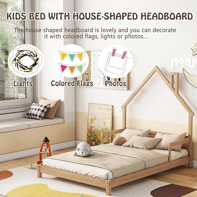 Full Size Bed Frame for Kids,House-Shaped Headboard Kids Bed,Girls Bed with Handrails,Low Platform Bed for Boys Girls,No Box Spring Needed(Natural) - LeafyLoom