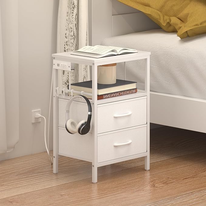 Nightstand with Charging Station, Side Table with Fabric Drawers and Open Shelf, Night Stand for Bedroom Decor, Bedside Table with USB Ports & Outlets (White,1) - LeafyLoom