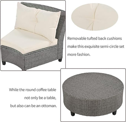 9 Pieces Outdoor Furniture Half Moon Wicker Patio Sets with Coffee Table, All-Weather Fan-Shaped Curved Sectional Sofa Couch with Beige Cushions, Onesize, Gray Rattan - LeafyLoom