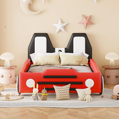 Twin Size Car Bed for Boys,Race Car-Shaped Wooden Platform Bedframe with Wheels & Safety Guardrail,Slats Support,Easy Assembly,Fun Play for Kids Toddlers Child's Bedroom,Red PU - LeafyLoom