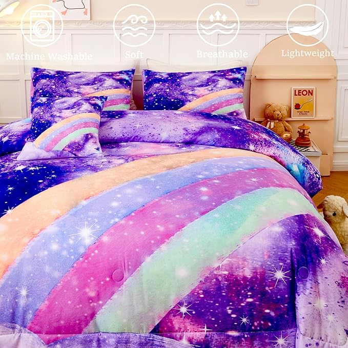 6Pcs Purple Rainbow Twin Size Bedding Set for Girls Gradient Glitter Kids Comforter Sets Tie Dye Girls Bed Set Sparkle Galaxy Bed in A Bag with Sheets - LeafyLoom