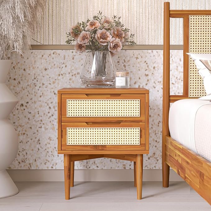 Bme Nightstand Oliver Solid Wood Rattan Side End Table, Fully Assembled, for Bohemian & Mid Century Style Bedroom and Living Room, Caramel - LeafyLoom