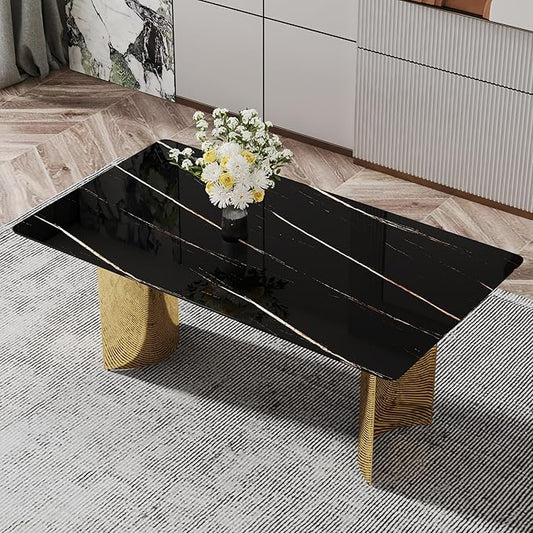 NicBex Modern Minimalist Dining Table The Black Patterned Glass Desktop is Equipped with Golden Metal Legs Suitable for Restaurants and Living Rooms, Black + Gold - LeafyLoom