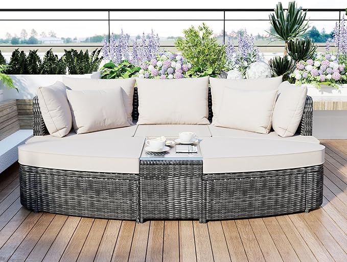 6-Piece Patio Round Sofa Set Rattan Daybed with Coffee Table and Cushions, Outdoor Furniture Conversation Sectional Seating Group for Garden, Poolside, Backyard, Onesize, Beige - LeafyLoom