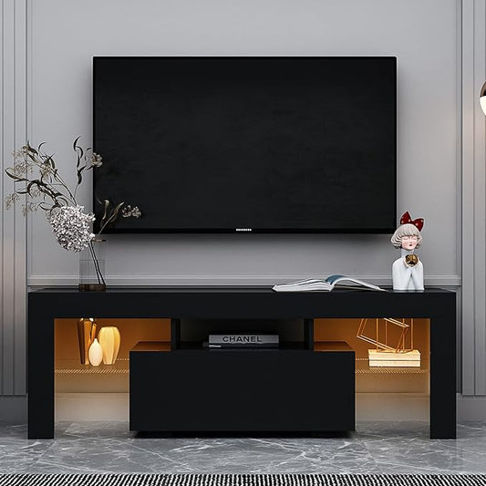 Entertainment Stand with LED RGB Lights, Media Center Console Table 55", Flat Screen TV Cabinet for Living Room, 70 inch, Black-2 - LeafyLoom