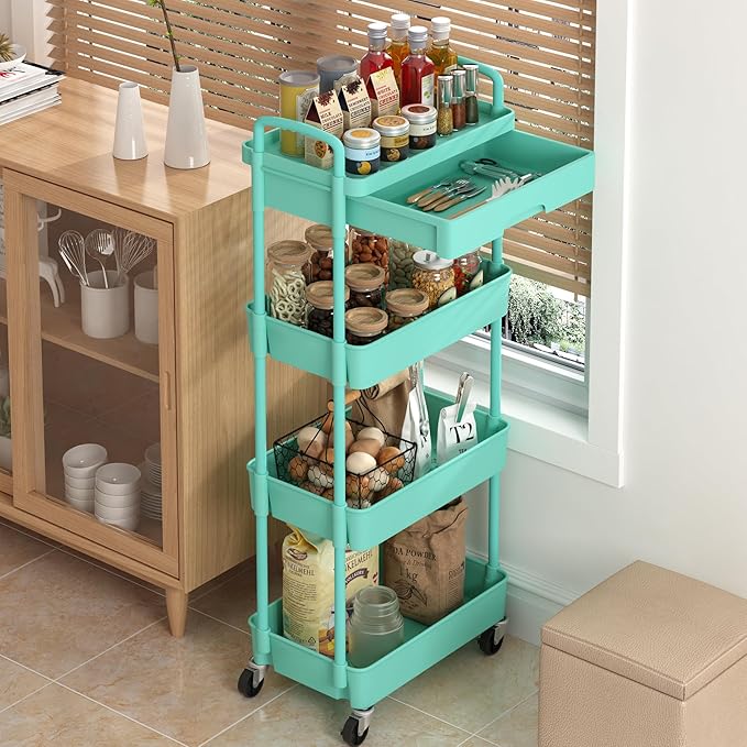 4-Tier Rolling Cart，Trolley with Drawer, Kitchen Storage Organizer with Plastic Shelf & Metal Wheels, Storage Cart for Living Room, Kitchen, Office, Bathroom, Green - LeafyLoom