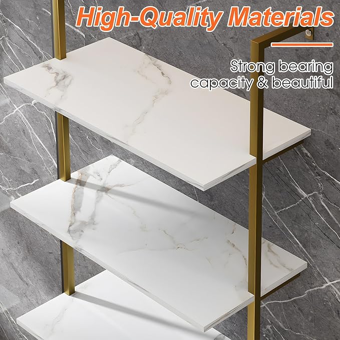 5 Tiers Ladder Shelf White Marble Modern Bookshelf Open Tall Wall Mount Bookcase Standing Leaning Wall Shelves Industrial Decorative - LeafyLoom