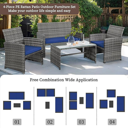 Shintenchi 4-Piece Outdoor Gray Wicker Patio Conversation Furniture Set, Rattan Patio Furniture Set with Weather Resistant Cushions and Tempered Glass Tabletop,Navy Blue - LeafyLoom