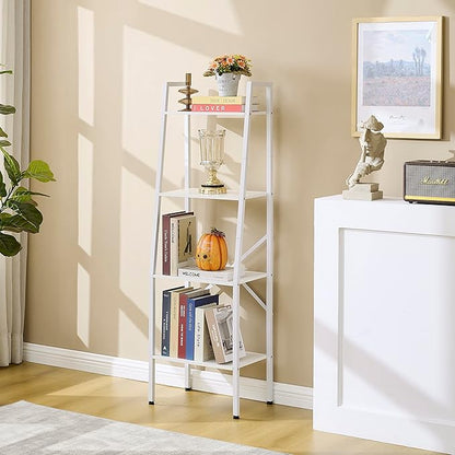 Hoctieon Ladder Shelf Bookcase, 4-Tier Ladder Bookshelf, Tall Bookshelf with Metal Frame, Industrial Bookshelf Ladder, for Living Room, Kitchen, Home Office, Bedroom, Simple Assembly, White - LeafyLoom