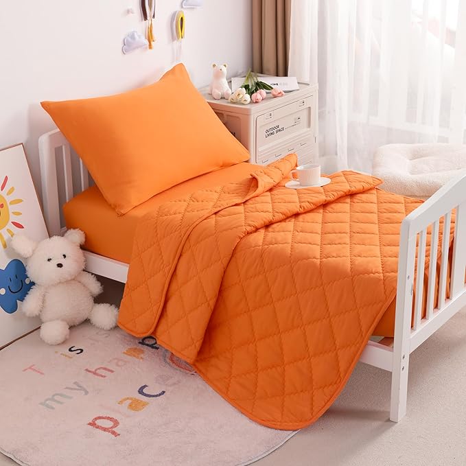 NTBAY Toddler Bedding Set - 4 Piece Soft and Breathable Crib Bedding Set for Boys and Girls, Includes Quilted Comforter, Fitted Sheet, Flat Top Sheet and Envelope Pillowcase, Orange - LeafyLoom