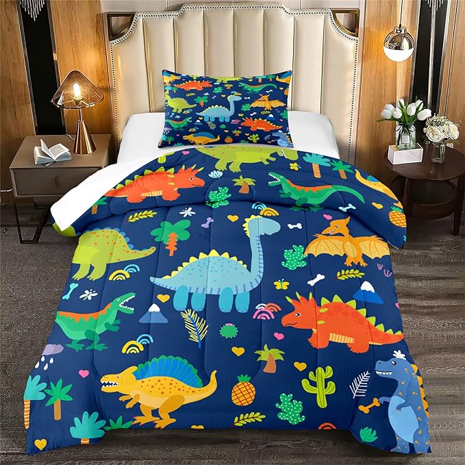 Cartoon Dinosaur Comforter Set for Kids Dark Blue Dinosaur Twin Comforter Set for Boys Dinosaur Kids Bedding Set Soft Breathable Twin Dinosaur Quilt with 1 Pillowcase for All-Season, Twin Size - LeafyLoom