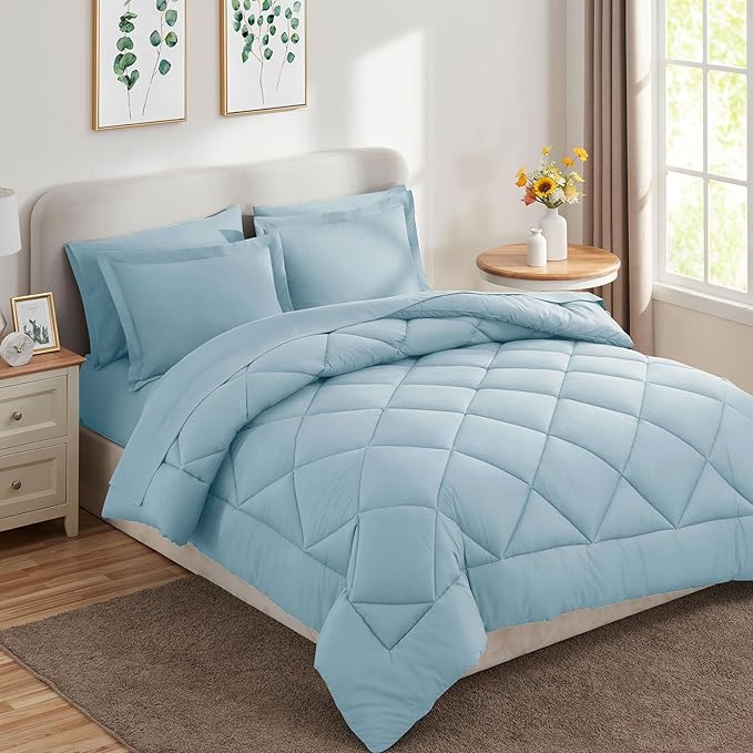 CozyLux Queen Bed in a Bag 7-Pieces Comforter Sets with Comforter and Sheets Light Blue All Season Bedding Sets with Comforter, Pillow Shams, Flat Sheet, Fitted Sheet and Pillowcases - LeafyLoom