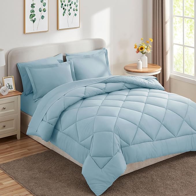 CozyLux King Bed in a Bag 7-Pieces Comforter Sets with Comforter and Sheets Light Blue All Season Bedding Sets with Comforter, Pillow Shams, Flat Sheet, Fitted Sheet and Pillowcases - LeafyLoom