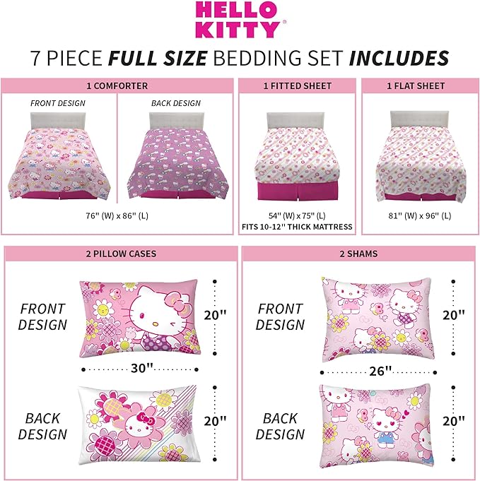 Franco Kids Bedding Super Soft Comforter and Sheet Set with Sham, 7 Piece Full Size, Hello Kitty - LeafyLoom