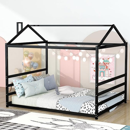 Bellemave Queen Size Metal Floor Bed for Kids,Montessori Floor Bed with Roof,House Bed for Boys Girls,Metal House Shape Platform Bed,Black - LeafyLoom