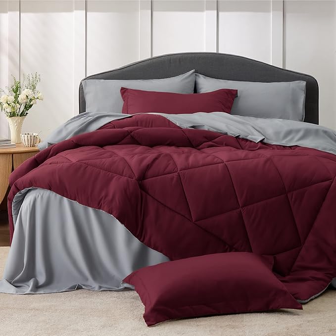 Bedsure Burgundy 7 Piece Reversible Comforter Set - Bed in a Bag with Comforters, Sheets, Pillowcases & Shams - LeafyLoom