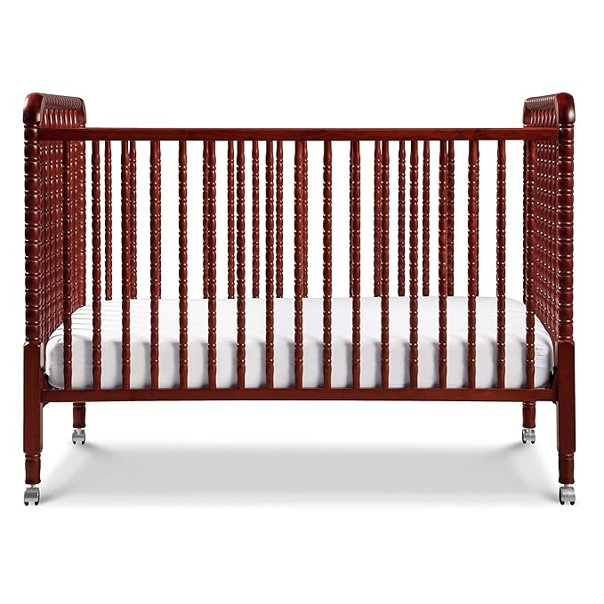 DaVinci Jenny Lind 3-in-1 Convertible Crib in Rich Cherry, Removable Wheels, Greenguard Gold Certified - LeafyLoom