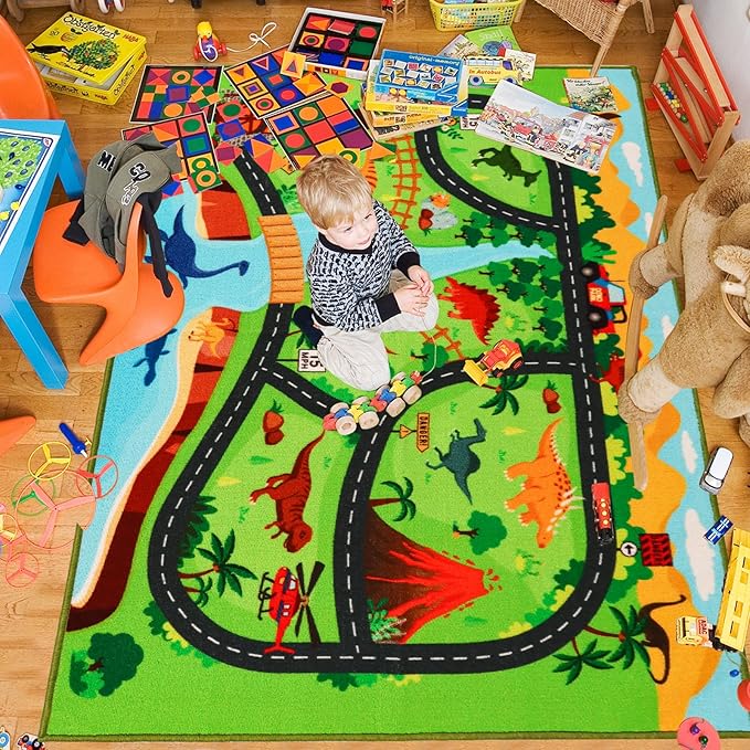 Kids Carpet Playmat Rug,59"X39.4" Dinosaur Car Rugs for Kids Toy Cars,Non Slip Dino Safari Road Map Kids Rug for Playroom Bedroom Boys,Kids Play Mat Road Rug,Track Rug Car Play Carpet for Kids - LeafyLoom