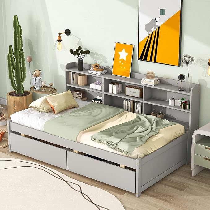 Twin Size Platform 2 Storage Drawers and Side Bookcase, Solid Wood Day Captain, Ideal Bed Frame for Bedroom, Living Room, Gray - LeafyLoom