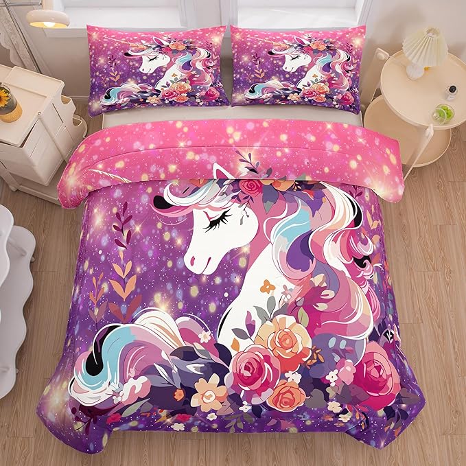 Tailor Shop Unicorn Kids Bedding Set for Girls Pink Purple Flower Unicorn Comforter Set King Galaxy Bedding Sets All Season with 2 Pillowcase…… - LeafyLoom