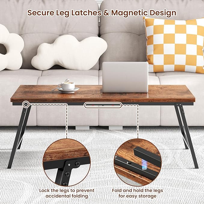 Folding Coffee Table, Leg Latches Portable Sturdy Floor Table Desk for Sitting on The Floor, No Assembly Low Coffee Table for Living Room, Home, Office, Rustic Brown, 41.34L×21.65W×15.75H - LeafyLoom