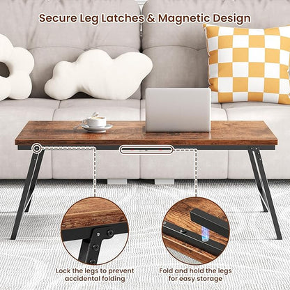 Folding Coffee Table, Leg Latches Portable Sturdy Floor Table Desk for Sitting on The Floor, No Assembly Low Coffee Table for Living Room, Home, Office, Rustic Brown, 41.34L×21.65W×15.75H - LeafyLoom