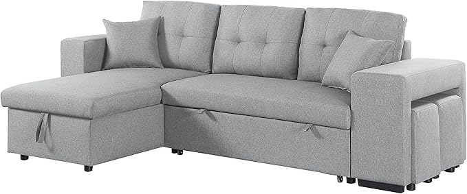 RITSU Reversible Sectional Sofa with Pull Out Loveseat Sleeper Bed Storage Space and 2 Stools, Corner Couch with Side Cabinets, Suitable for Living Room, Apartment Light Gray, 95.27inch - LeafyLoom