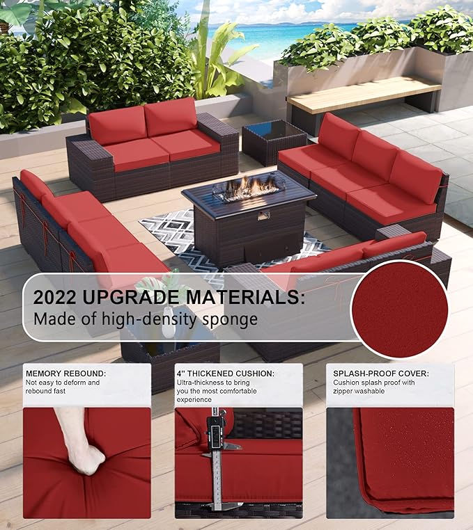 Kullavik 13 Pieces Outdoor Patio Furniture Set with 43" 55000BTU Gas Propane Fire Pit Table PE Wicker Rattan Sectional Sofa Patio Conversation Sets,Red - LeafyLoom