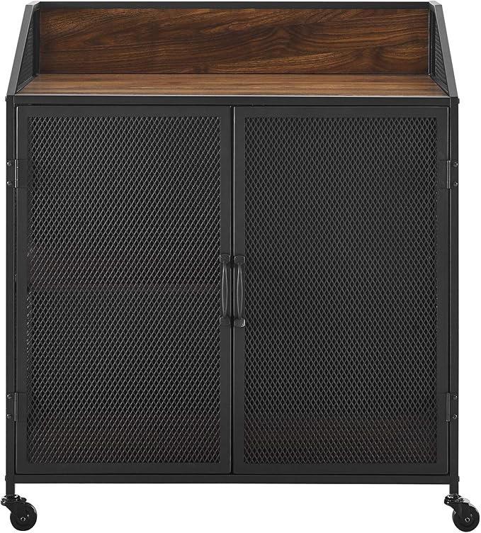 Walker Edison Malcomb Urban Industrial Metal Mesh Double Door Rolling Bar Cabinet, 33 Inch, Dark Walnut - LeafyLoom